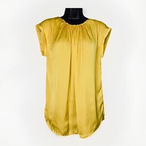 Soaked In Luxury Womens Small Satin Pleated Top Yellow Gold Career Cap Sleeve